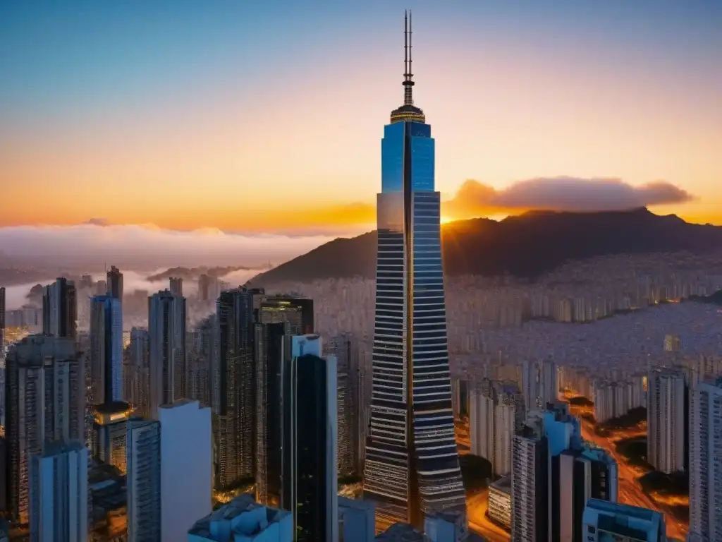 Edificio moderno en ciudad sudamericana al atardecer Invertir en bienes raíces en Sudamérica: Edificio moderno en una ciudad vibrante al atardecer