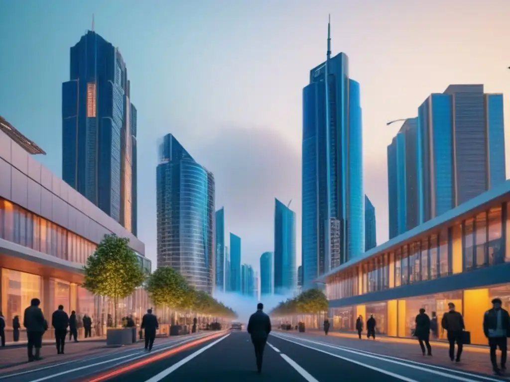 Skyline futurista en 8k: arquitectura innovadora y energética Invertir en bienes raíces emergentes: Una ciudad futurista al anochecer con edificios modernos y luces LED vibrantes