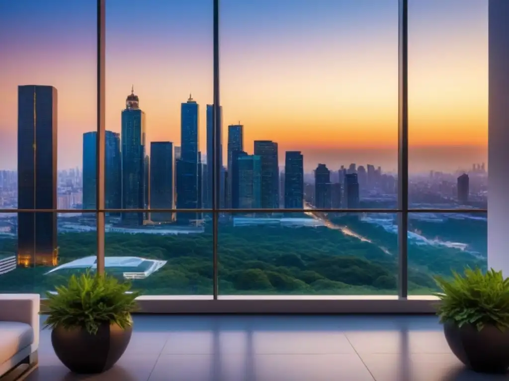 Condominio de lujo en ciudad emergente: diseño moderno y panorámica urbana al atardecer Invertir en bienes raíces emergentes: Lujo y modernidad en condominio de alta gama en ciudad emergente