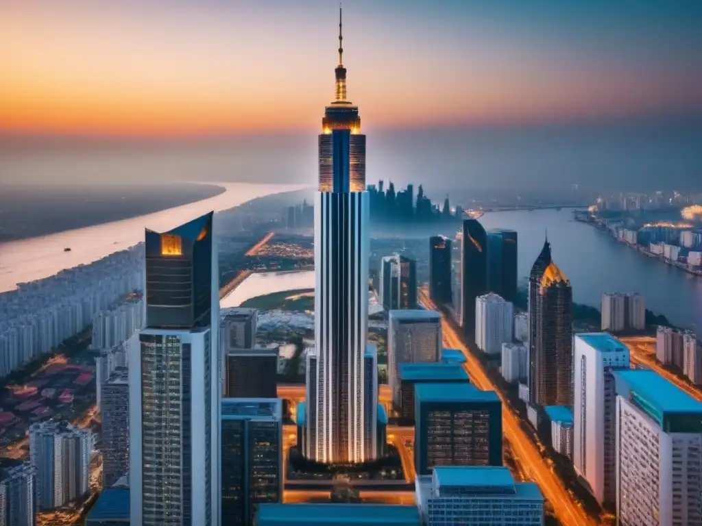 Arquitectura de lujo en ciudad emergente: vista aérea Invertir en bienes raíces emergentes: Majestuoso edificio en una ciudad emergente, con arquitectura moderna y vibrante horizonte urbano al atardecer