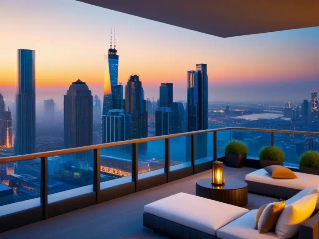 Penthouse de lujo: panorama urbano al atardecer Invertir en bienes raíces emergentes: Vista panorámica de un lujoso ático moderno al atardecer en una vibrante ciudad
