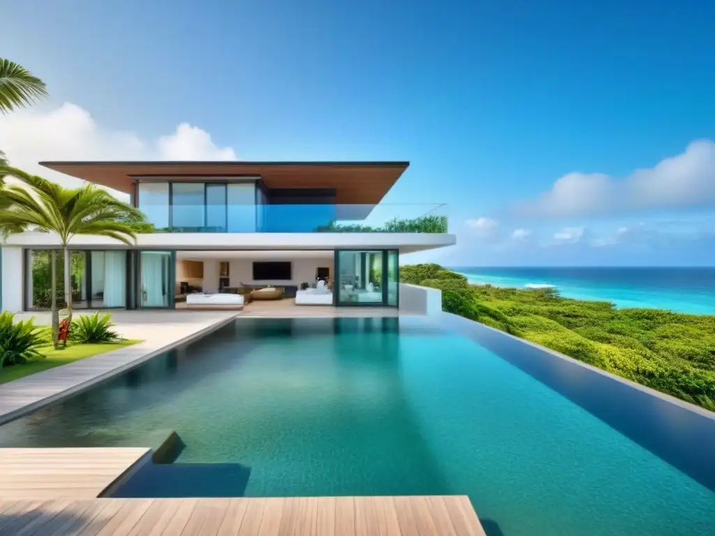 Residencia de lujo en playa paradisíaca Invertir en bienes raíces internacionales: Casa moderna con vista a la playa, piscina infinita y exuberante vegetación