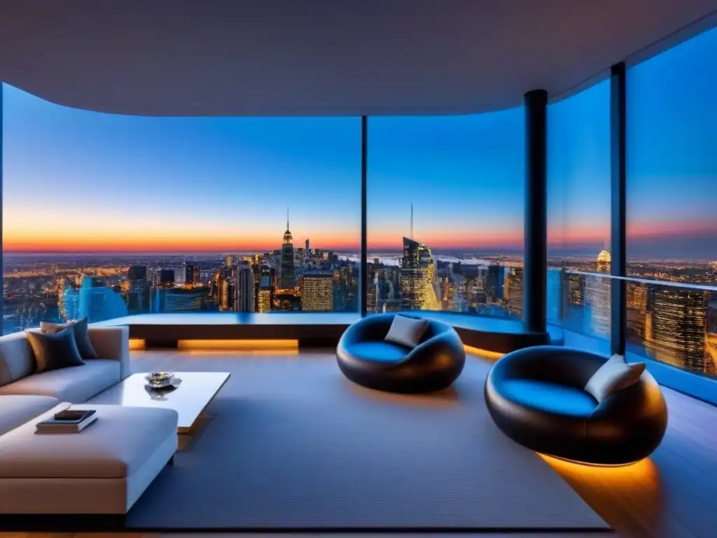 Penthouse de lujo con vista panorámica al anochecer Medición rentabilidad inversión bienes raíces: Lujoso penthouse con vista panorámica al atardecer y elegante mobiliario contemporáneo
