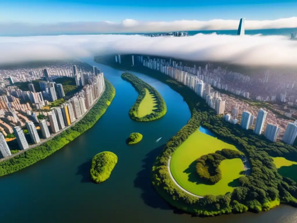 Vista aérea impresionante de una ciudad moderna en América del Sur Invertir en bienes raíces Sudamérica: Una ciudad moderna con rascacielos, parques verdes y un río serpenteante bajo la cálida luz del sol