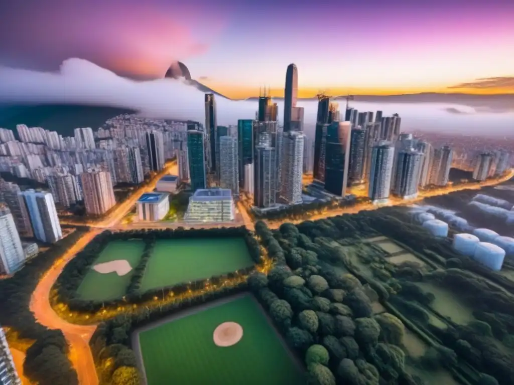 Metrópolis sudamericana: oportunidades de inversión inmobiliaria en ascenso Invertir en bienes raíces en Sudamérica: Vista aérea de una ciudad vibrante con rascacielos modernos, calles bulliciosas y parques verdes exuberantes