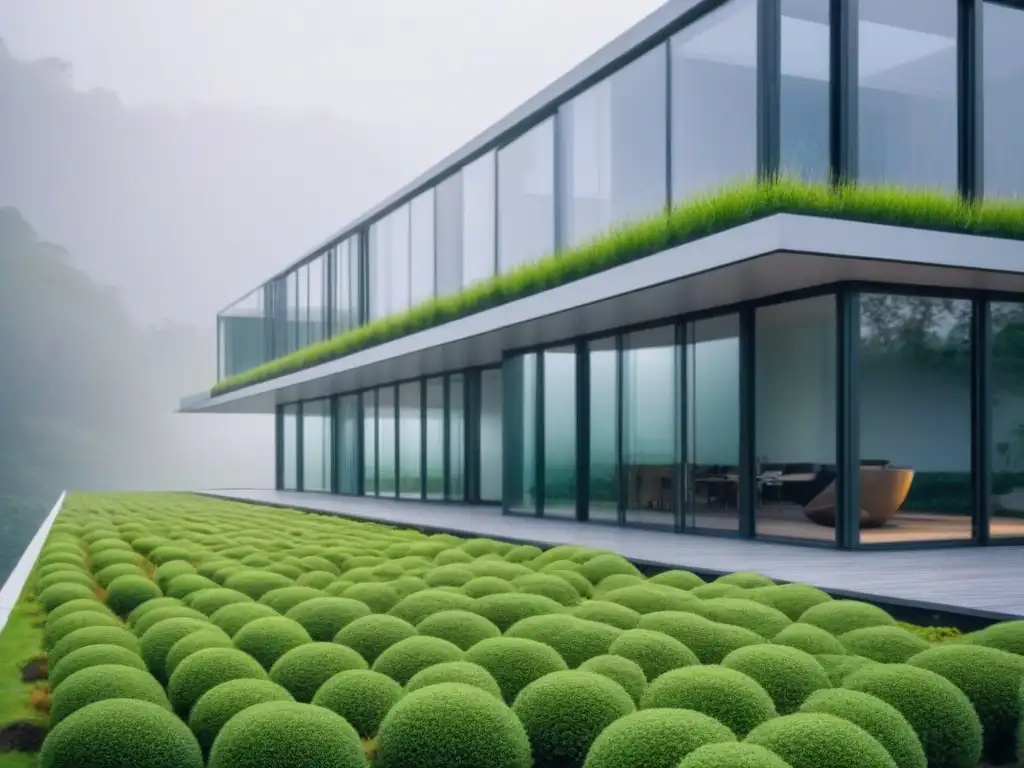 Arquitectura sostenible: Edificio ecológico en paisaje verde Diseño arquitectura bioclimática integrado en paisaje verde, con paneles solares y techos verdes