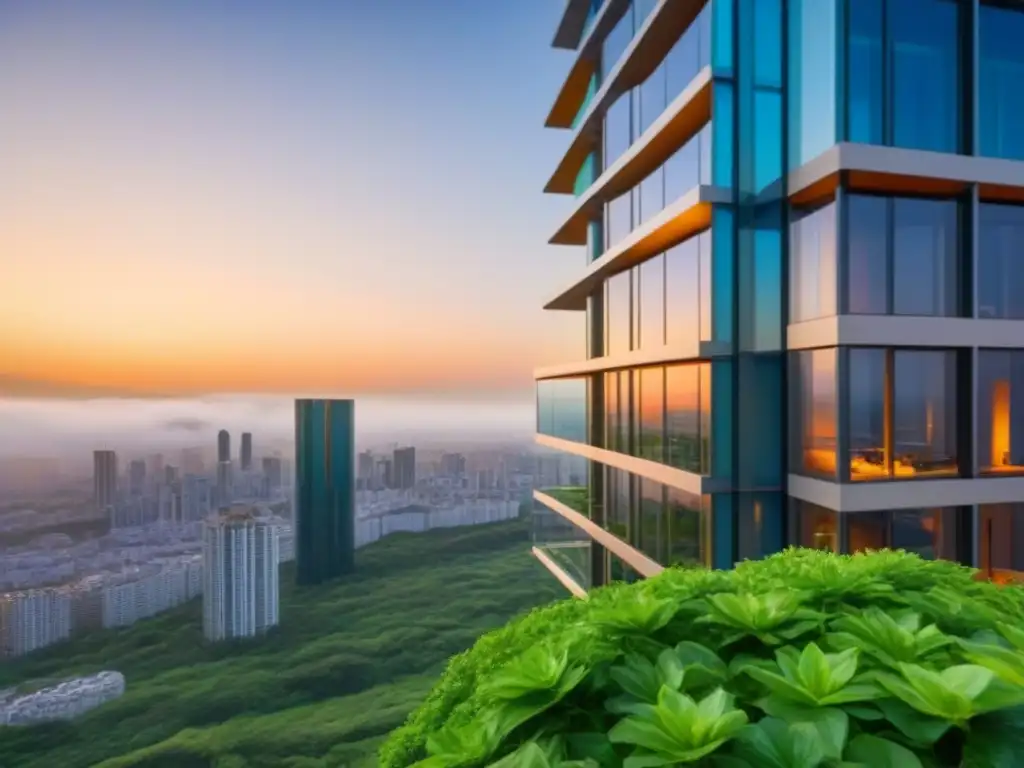 Edificio de lujo moderno reflejado en vidrio brillante al atardecer Blockchain en mercado inmobiliario: Edificio de alta gama moderno reflejado en fachada de vidrio, rodeado de vegetación exuberante y paisaje urbano