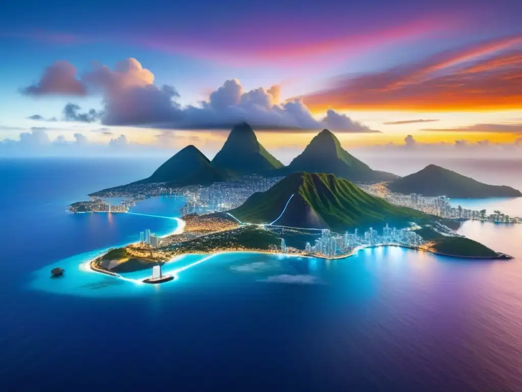 Blockchain en el Caribe: Futuro Inmobiliario Innovador Blockchain en transacciones inmobiliarias Caribe: Futuro digital en el Caribe con red blockchain y atardecer vibrante