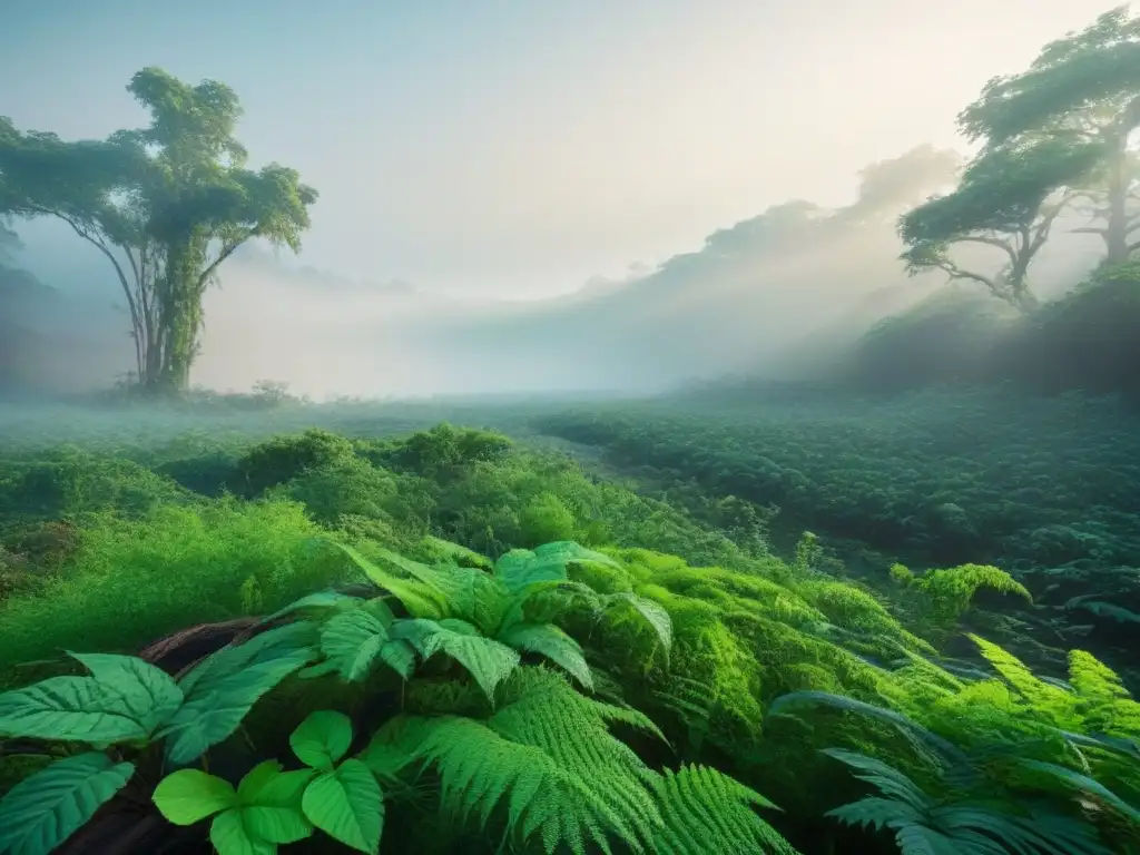 Conquista invasiva: bosque vivo bajo amenaza Un bosque exuberante amenazado por especies invasoras, resaltando la necesidad de restauración de ecosistemas