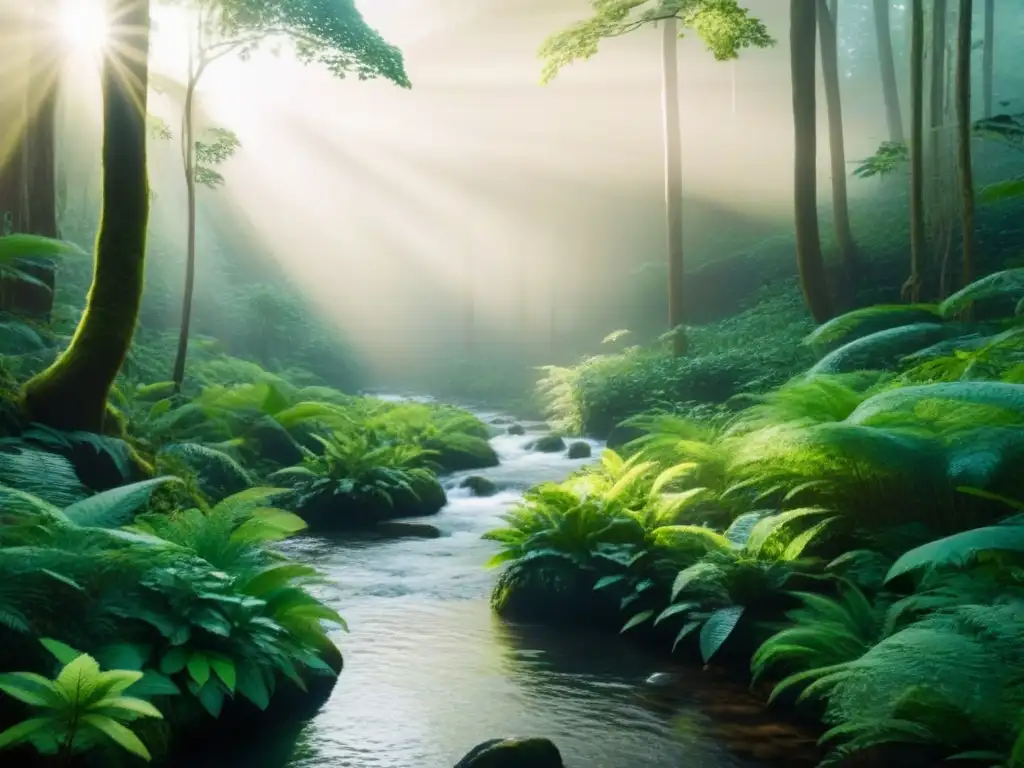 Bosque exuberante: armonía y biodiversidad en la naturaleza Un bosque exuberante con flora y fauna vibrante en armonía