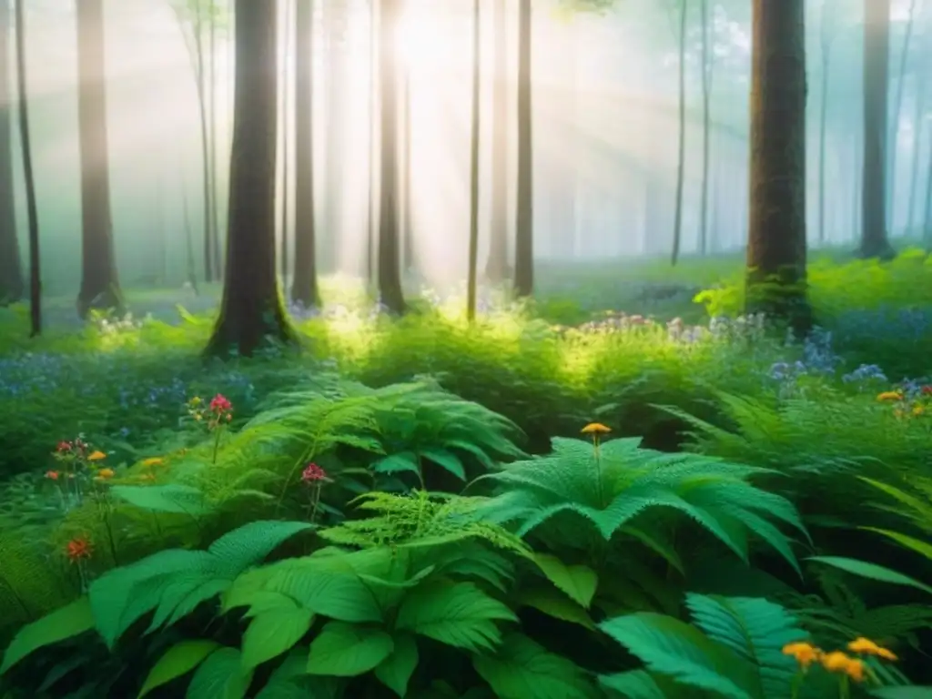 Bosque verde exuberante: luz y sombras en la naturaleza Un bosque exuberante con luz solar filtrándose entre las hojas, creando un juego hipnotizante de luces y sombras en el suelo del bosque