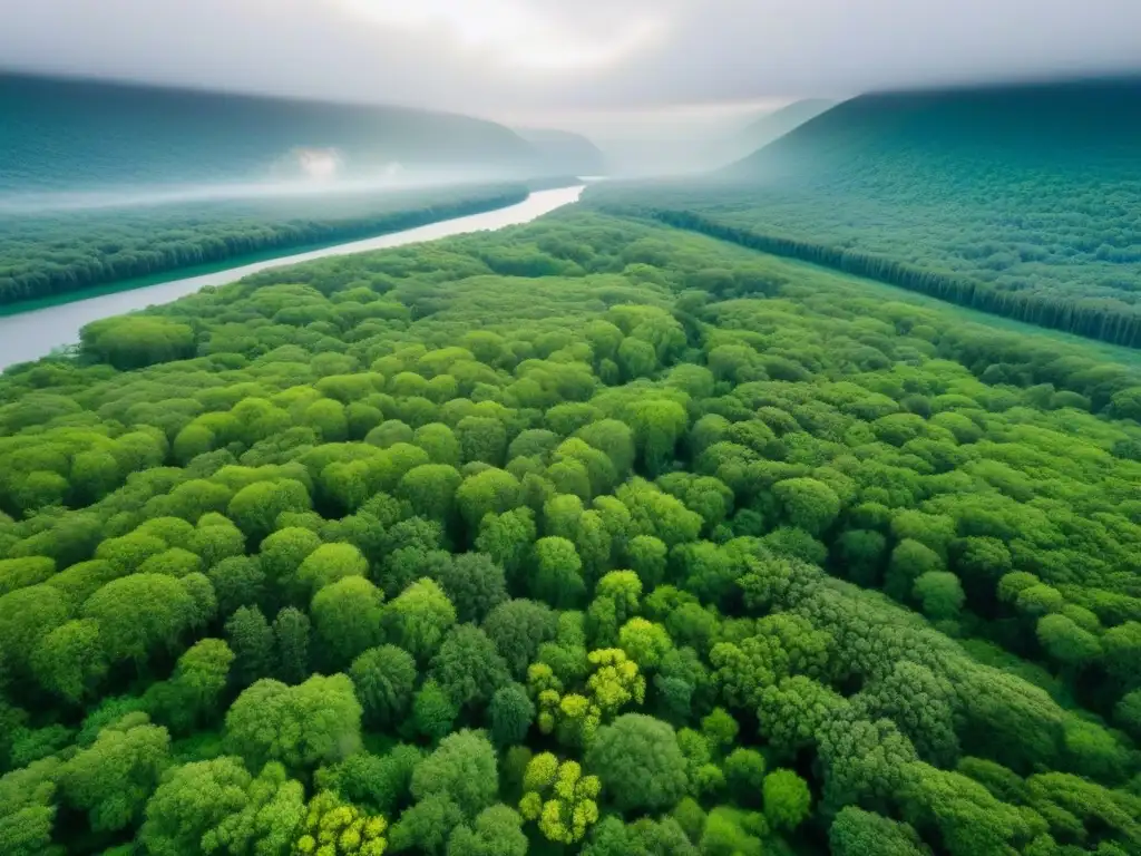 Renacimiento natural: bosque exuberante y colorido desde el aire Un bosque exuberante en proceso de restauración de ecosistemas dañados, con árboles verdes y flores silvestres coloridas