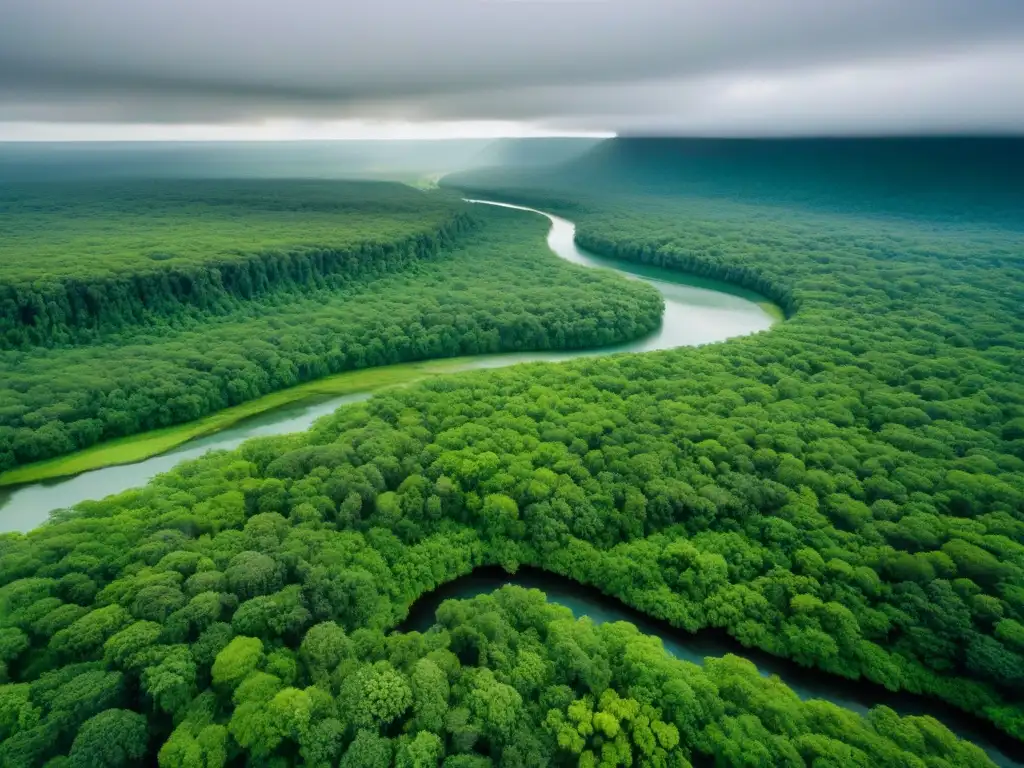 Conservación en acción: Restauración de un bosque protegido Un bosque exuberante en una zona protegida, con ríos serpenteantes y vida silvestre
