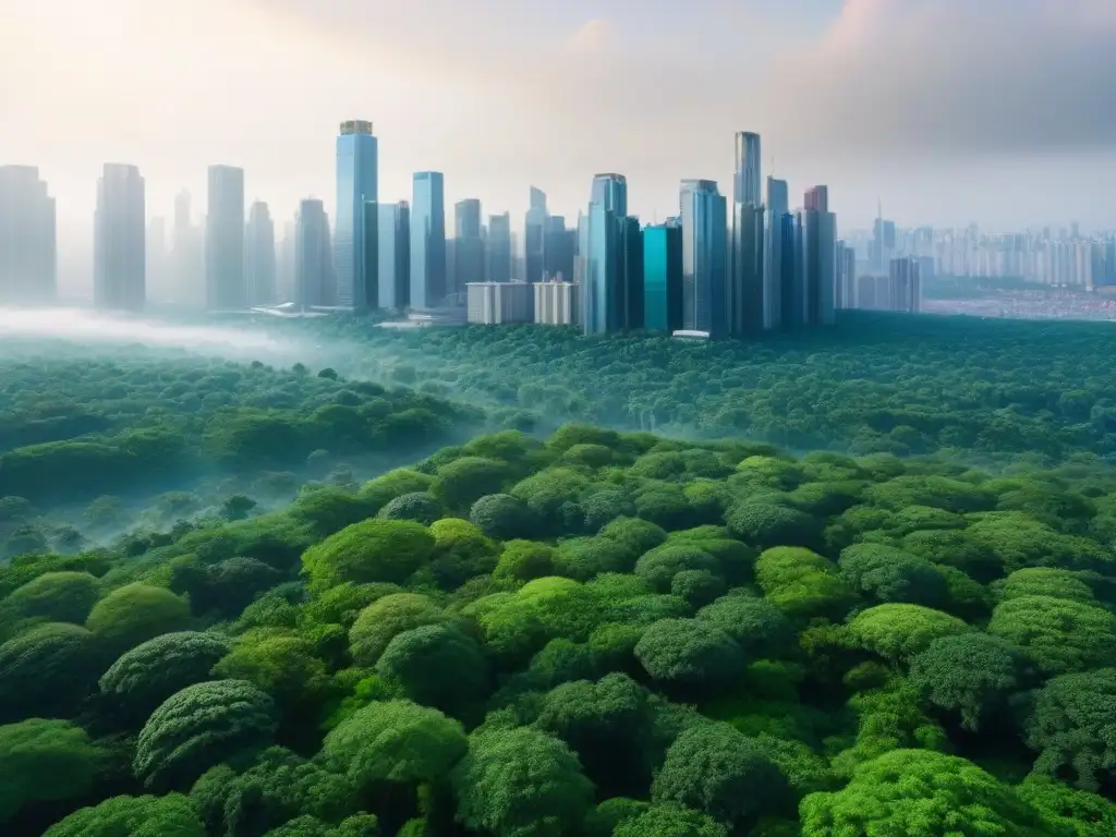 Biodiversidad amenazada: selva vs Un bosque verde exuberante lleno de vida silvestre contrasta con una ciudad en expansión