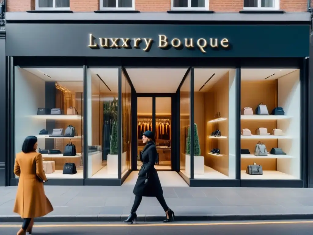 Exclusiva boutique de lujo: escaparate moderno y elegante Una boutique de lujo con diseño moderno y productos exclusivos en elegantes estantes