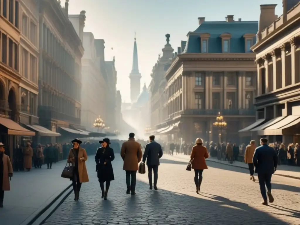 Vibrante calle histórica: mezcla de estilos arquitectónicos en 8k Una bulliciosa calle de ciudad histórica con personas de diferentes edades y fondos, iluminada por el sol