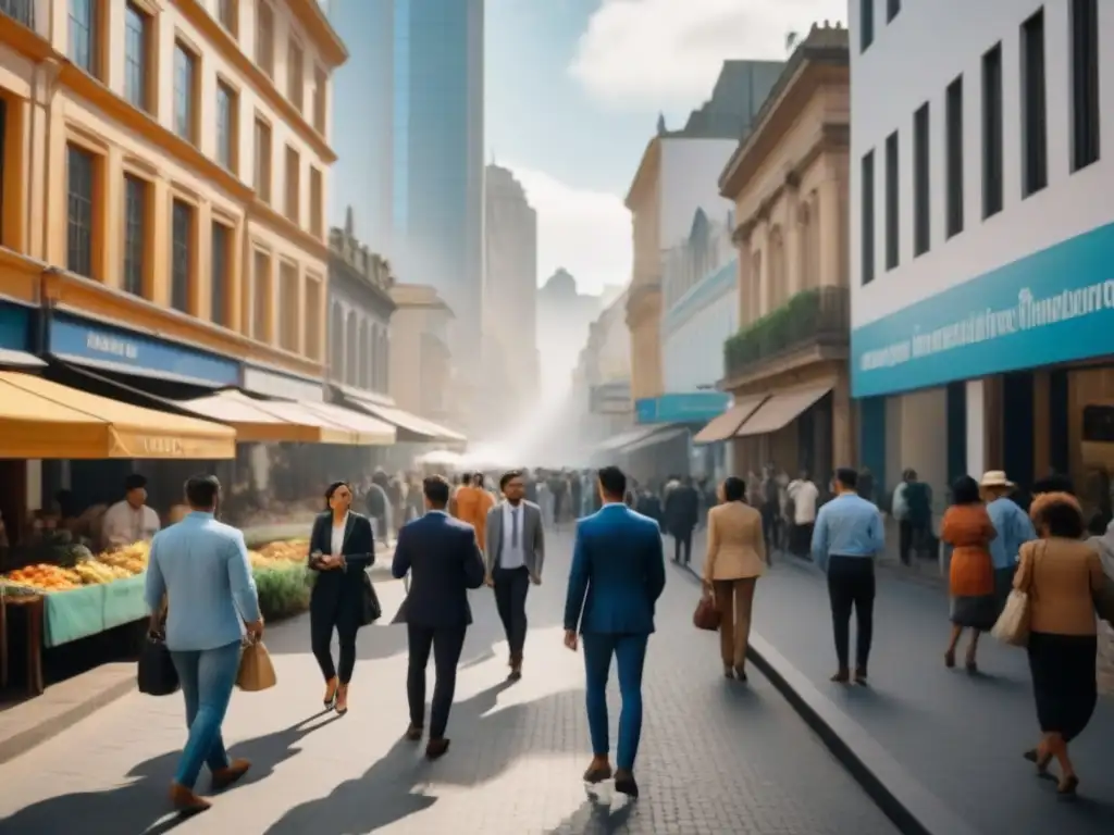 Evolución urbana: modernidad y tradición en ciudad suramericana Una bulliciosa calle comercial en una ciudad sudamericana, donde se mezclan modernos rascacielos y arquitectura colonial