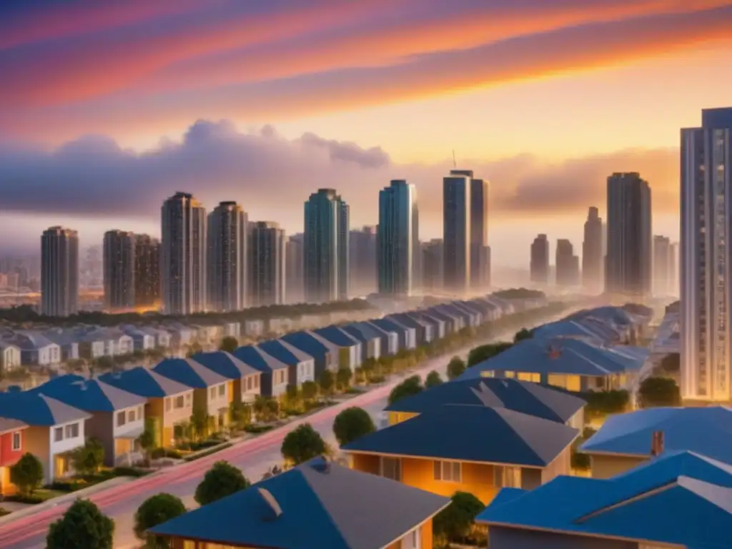 Skyline urbano al atardecer: arquitectura moderna y vibrante vida urbana Un bullicioso atardecer urbano con modernos rascacielos y gente caminando en amplias aceras iluminadas
