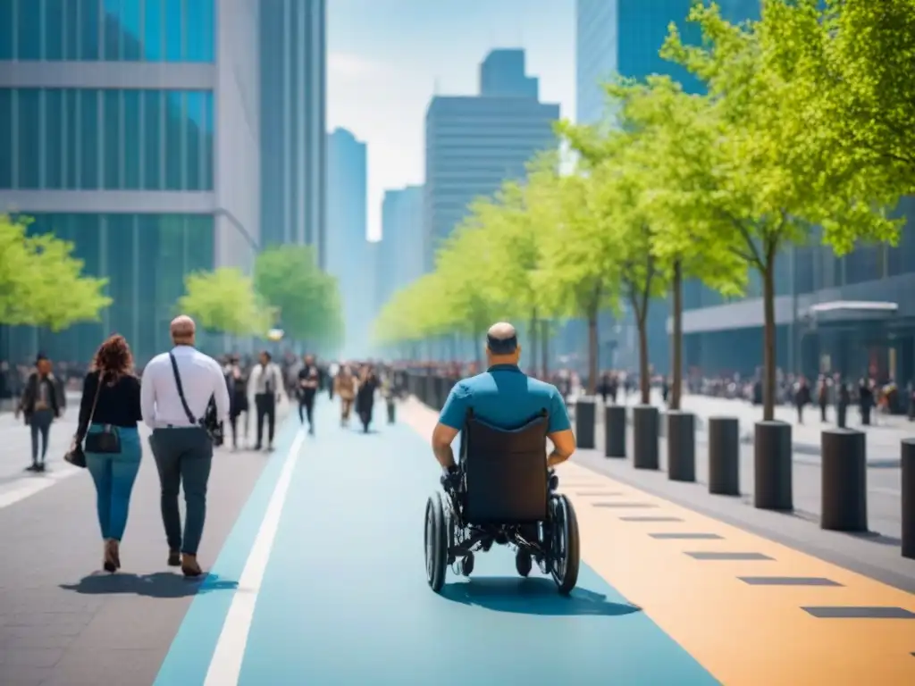 Escena urbana inclusiva: diversidad en calles accesibles Un bullicioso bulevar urbano con diversidad de personas caminando por amplias aceras accesibles, rodeadas de árboles verdes vibrantes
