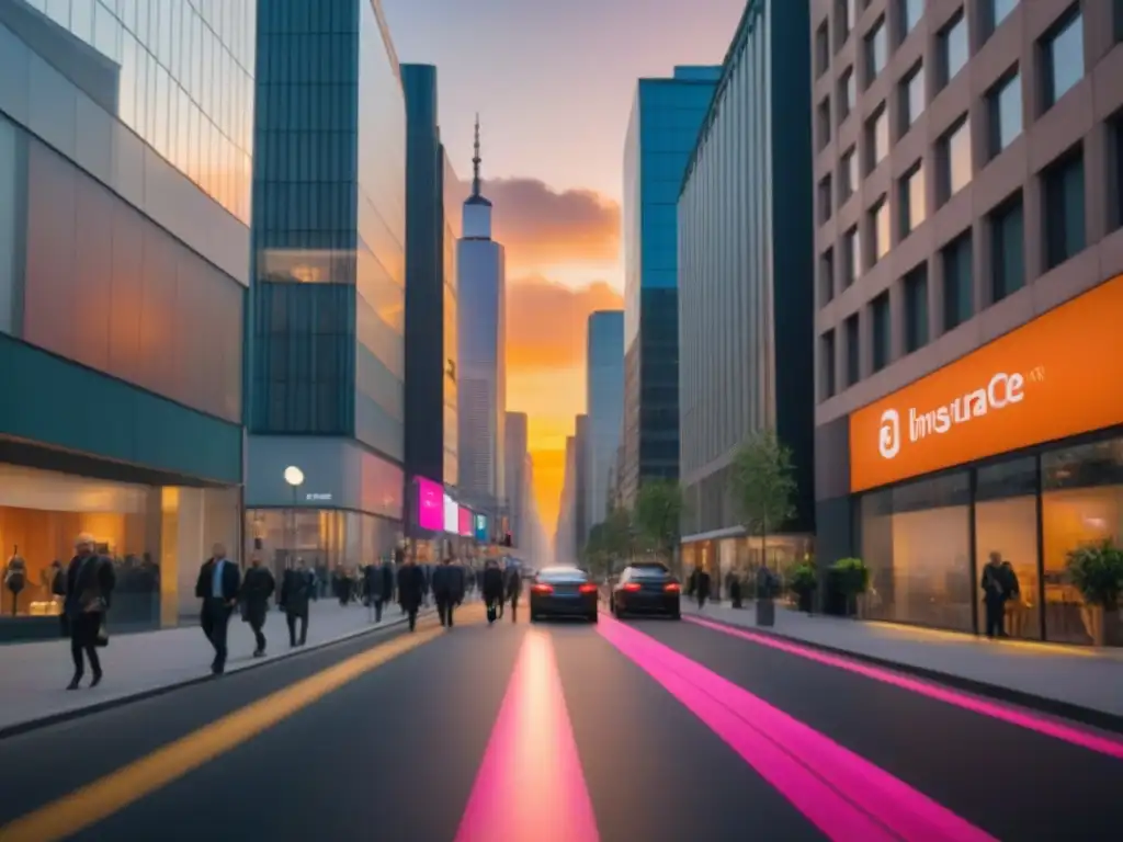 Metrópolis asegurada: negocios y diversidad en la ciudad Un bullicioso bulevar urbano con modernos edificios comerciales y logos de compañías de seguros en sus vitrinas al atardecer
