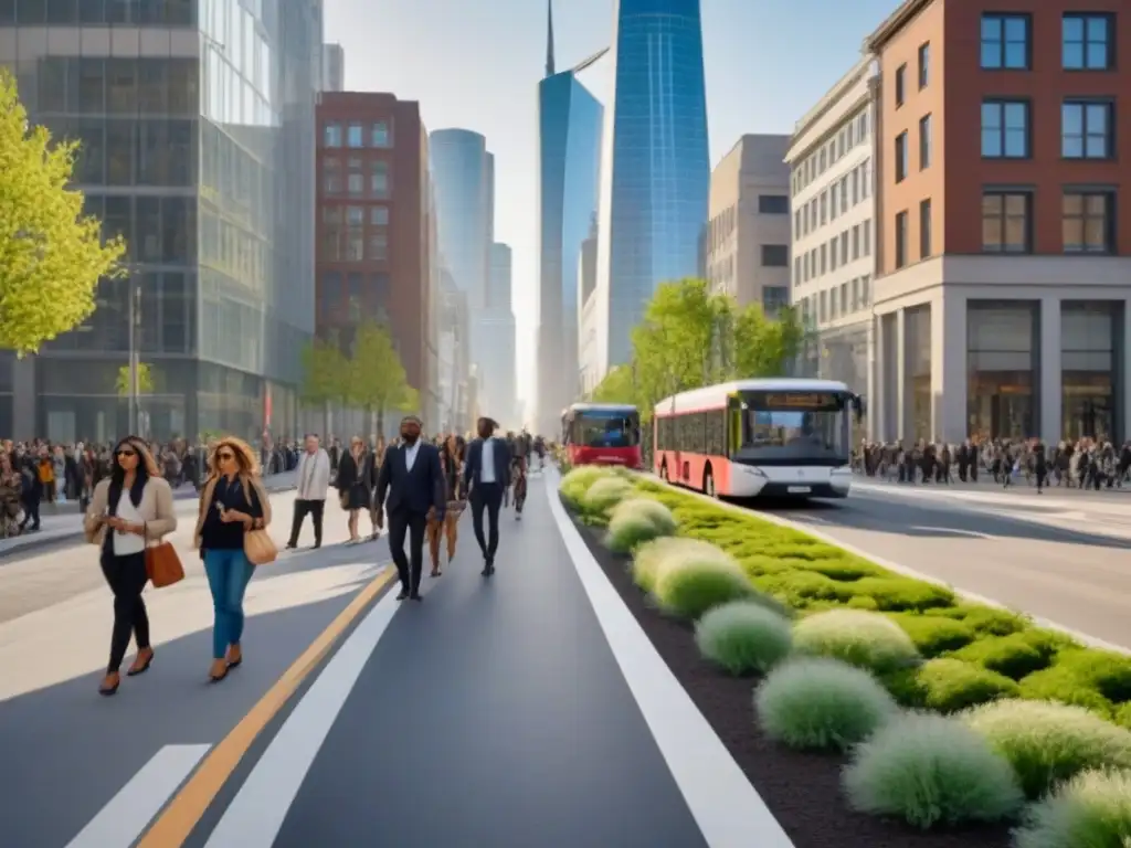 Escena urbana vibrante con edificios sostenibles y diversidad cultural Un bullicioso calle de la ciudad con rascacielos modernos y espacios verdes, reflejando un exitoso proyecto de revitalización urbana