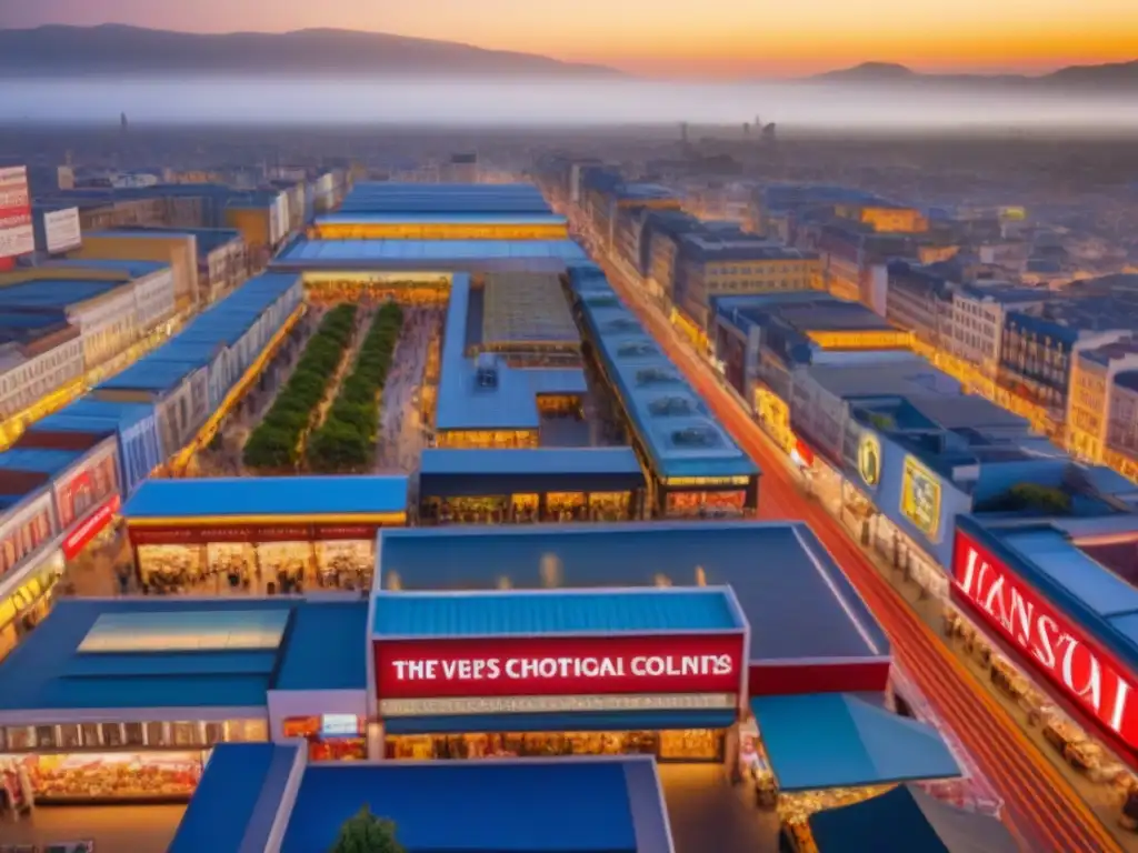 Centro comercial extranjero: diversidad y energía en la ciudad Un bullicioso centro comercial extranjero bañado por la cálida luz del atardecer