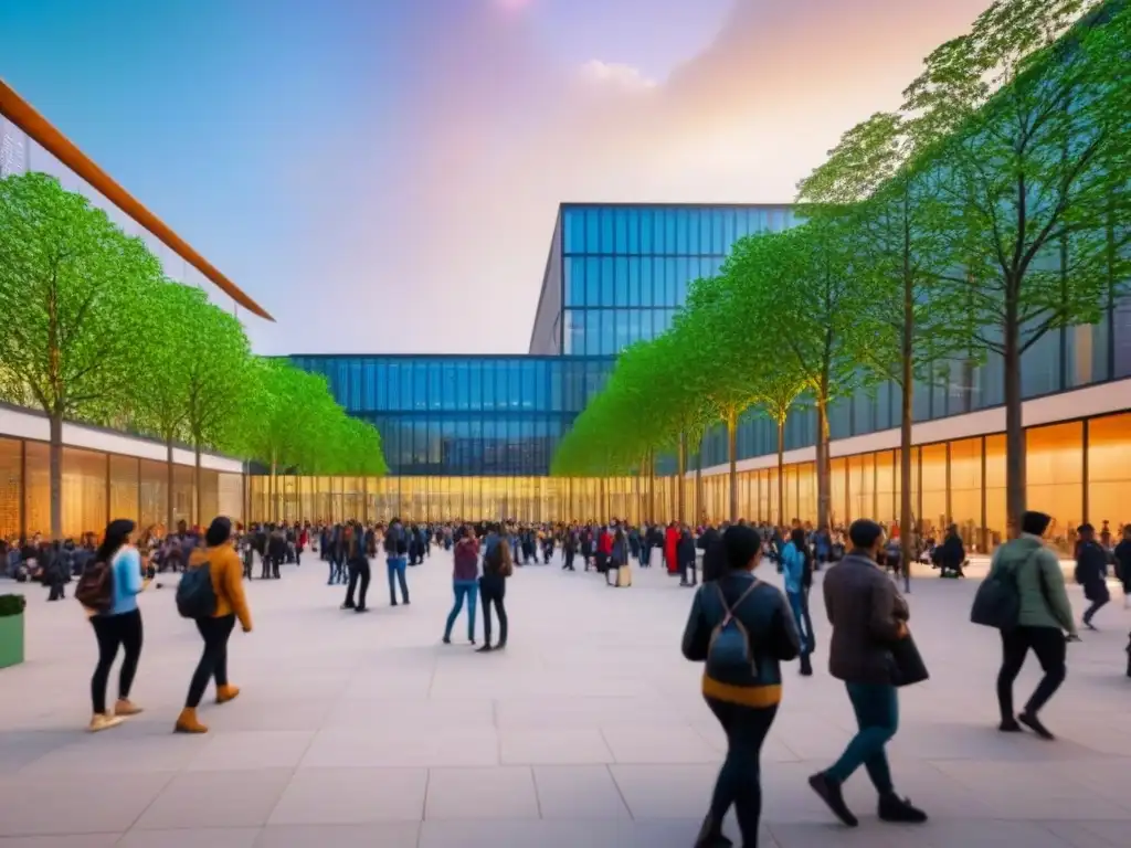 Plaza educativa: diversidad y sostenibilidad en la ciudad moderna Un bullicioso y diverso espacio urbano donde se promueven actividades educativas, reflejando la integración de ciudades educativas sostenibles