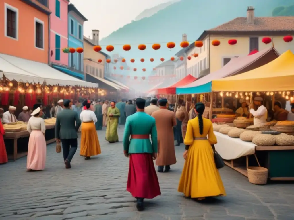 Vibrante festival cultural en plaza histórica: 8k detallado Un bullicioso festival cultural en la plaza de un pueblo histórico, con puestos de artesanía y delicias locales