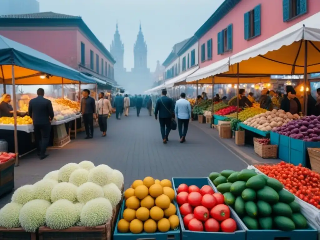 Mercado callejero en ciudad vibrante al anochecer Un bullicioso mercado callejero en una ciudad vibrante al anochecer, fusionando tradición y modernidad