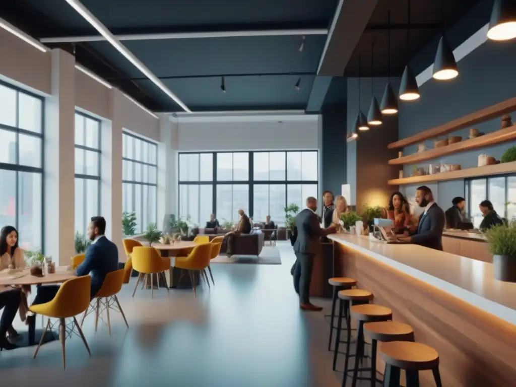 Escena vibrante de espacio comercial multifuncional en 8k Un bullicioso y moderno espacio comercial multifuncional con promoción efectiva, gente diversa disfrutando de cafés y tiendas