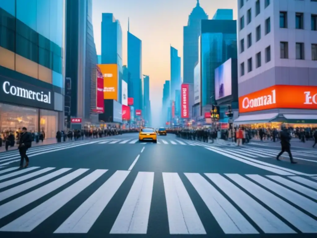 Inversión inmobiliaria: vibrante calle comercial urbana Un bullicioso paisaje urbano con edificios comerciales modernos y vibrante actividad, ideal para inversiones inmobiliarias comerciales pequeñas
