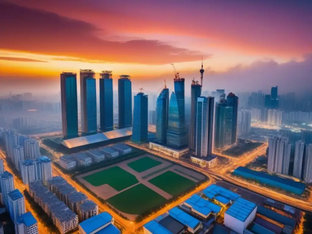 Horizonte urbano en crecimiento: ciudad emergente al atardecer Un bullicioso paisaje urbano emergente con rascacielos y edificios tradicionales, iluminado por una puesta de sol vibrante