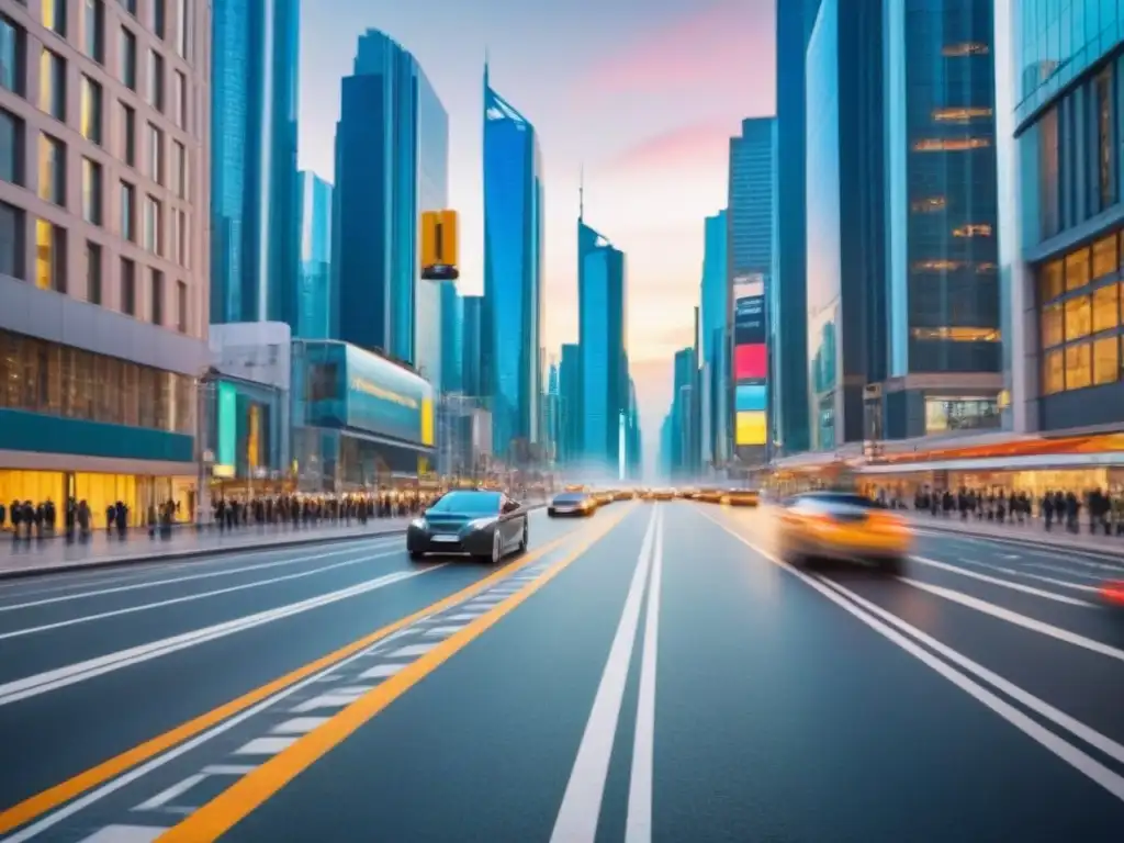 Metrópolis futurista: infraestructura vial y arquitectura moderna Un bullicioso paisaje urbano con rascacielos y vehículos futuristas, reflejando el impacto de la infraestructura vial en la inversión inmobiliaria