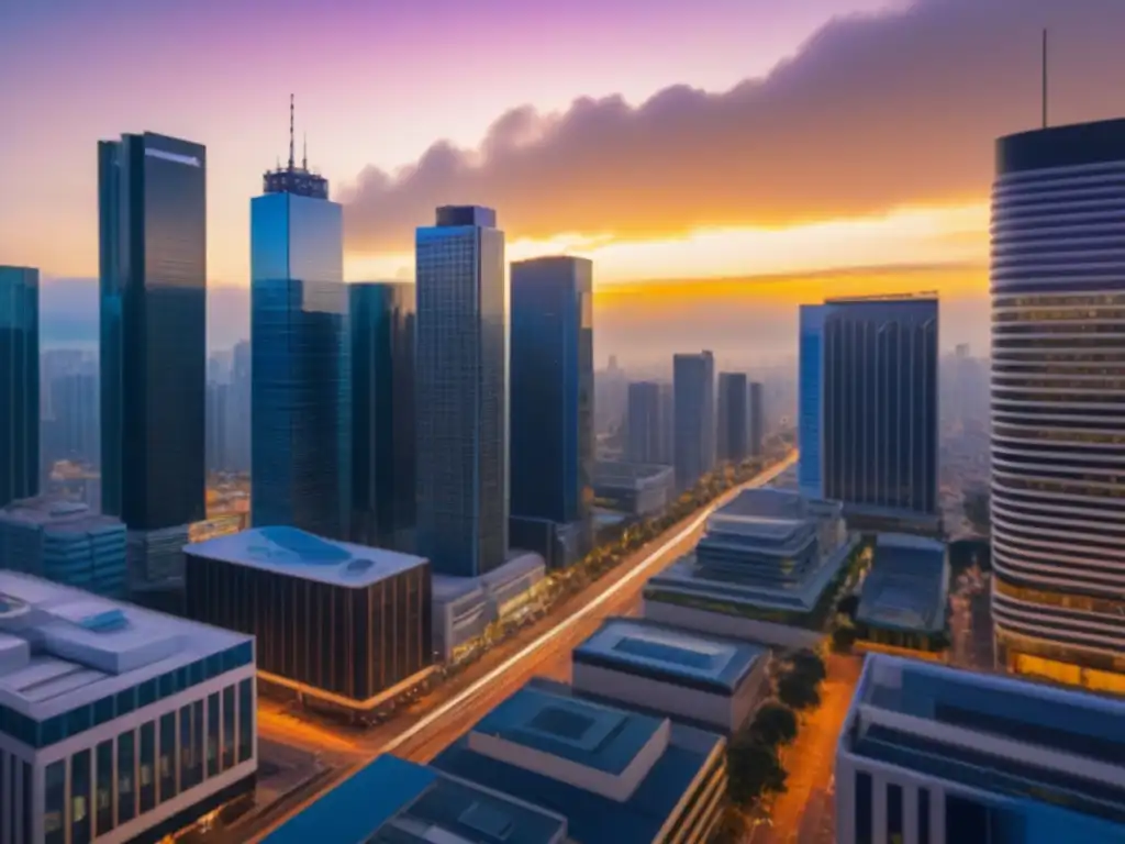 Seguro de Propiedades Comerciales en la Ciudad: Protección y Éxito Un bullicioso paisaje urbano con una variada gama de propiedades comerciales, brillando bajo la luz de un vibrante atardecer