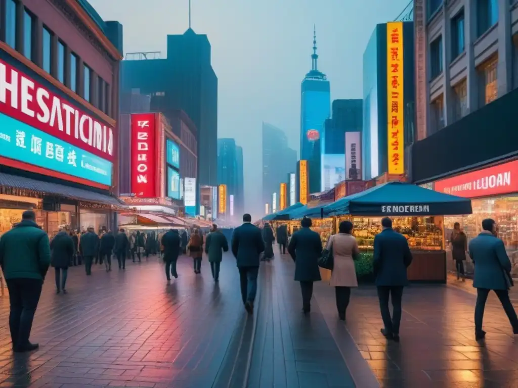 Vibrante calle comercial: diversidad y actividad en la ciudad Un bullicioso y próspero centro urbano con tiendas y oficinas diversas, reflejando la actividad comercial