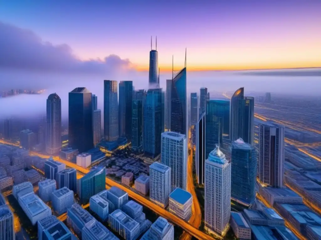 Horizonte urbano moderno en 8k: luces y prosperidad El bullicioso skyline de una ciudad moderna al atardecer, con rascacielos iluminados y una red de carreteras brillantes