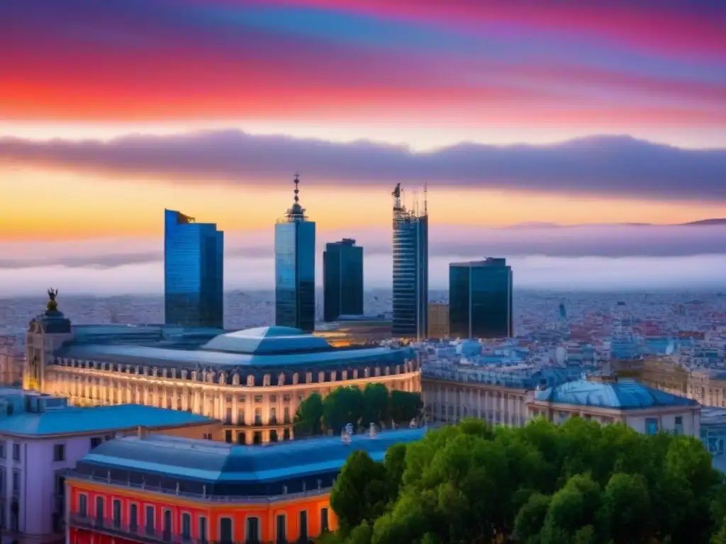 Madrid moderno al atardecer: skyline iluminado El bullicioso skyline de Madrid al anochecer, fusionando historia y modernidad bajo un cielo colorido