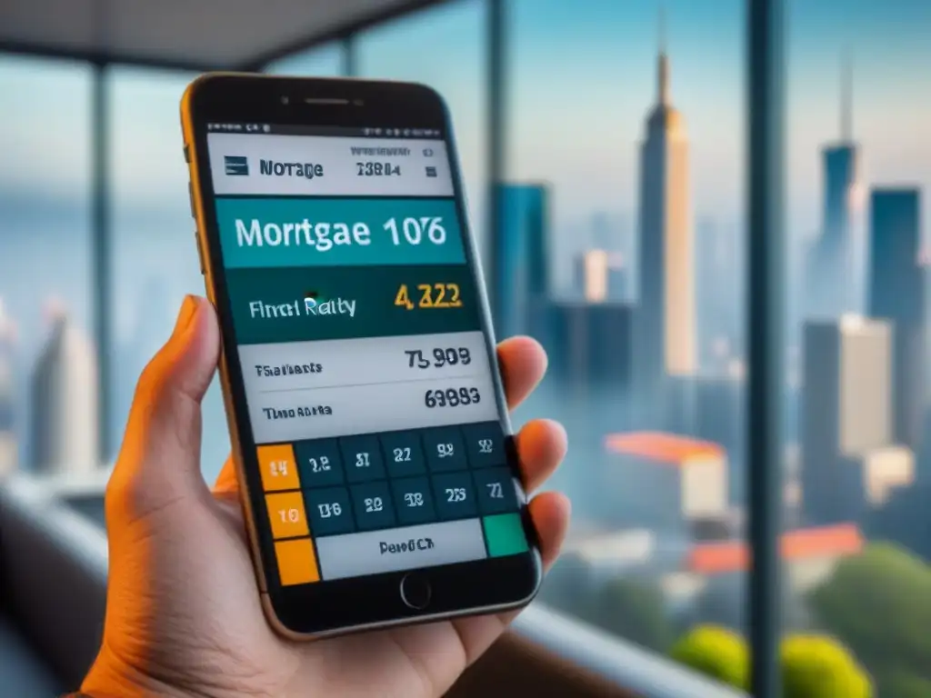 Calculadora de hipoteca moderna en pantalla de smartphone Calculadora hipotecas planificación compra en pantalla de smartphone con gráficos interactivos y vista a la ciudad desde una oficina moderna