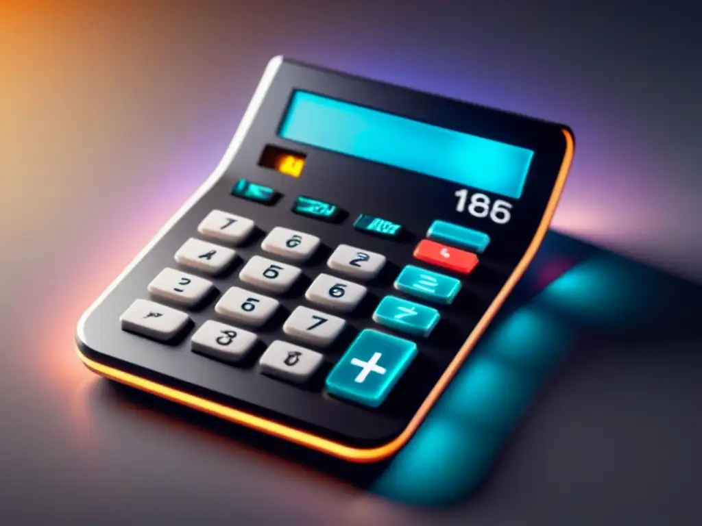Calculadora futurista con hologramas y fórmulas matemáticas Una calculadora futurista con botones holográficos y fórmulas matemáticas en un espacio digital