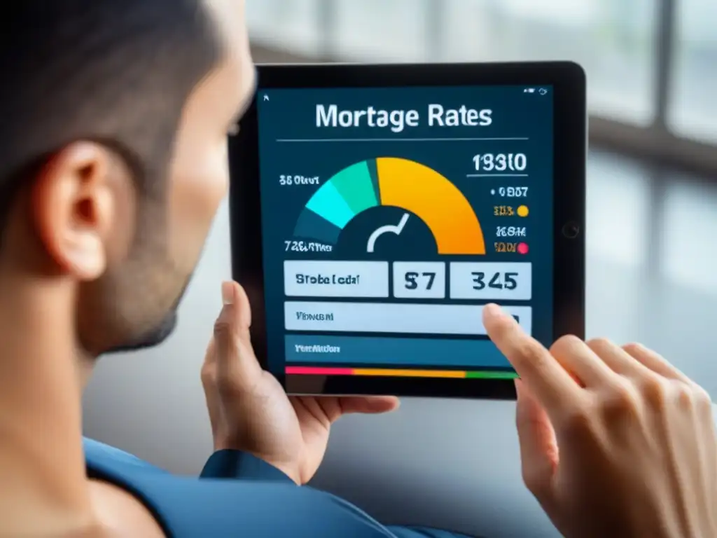 Cálculo hipotecario: tasas fijas y variables en tablet Una calculadora hipotecaria moderna en una tableta digital con gráficos detallados sobre planes de compra