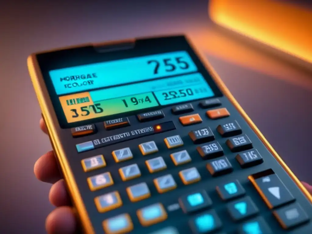 Calculadora hipotecaria 3D: interfaz futurista y profesional Calculadora hipotecaria online en un entorno futurista con gráficos vibrantes y patrones geométricos, ideal para mercado inmobiliario