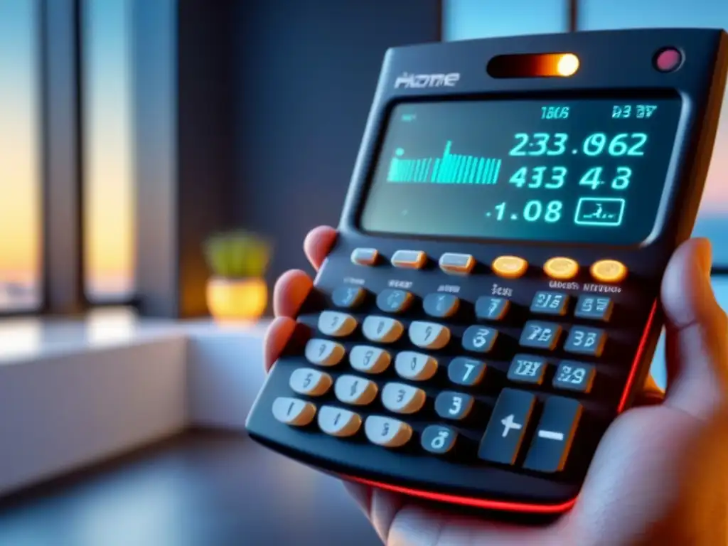 Calculadora digital futurista para valor de vivienda Calculadora de valor de reposición para seguro de vivienda en ambiente futurista y moderno con cálculos matemáticos detallados