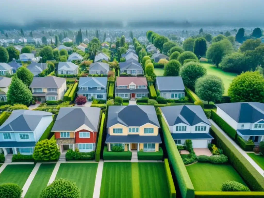 Vecindario residencial moderno: casas únicas rodeadas de naturaleza Calculadora valor reposición seguro vivienda: Vecindario residencial moderno con casas únicas y coloridas rodeadas de naturaleza