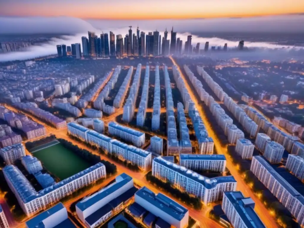 Horizonte urbano: modernos rascacielos al atardecer Un caleidoscopio urbano de viviendas verticales en un atardecer vibrante, reflejo del mercado inmobiliario