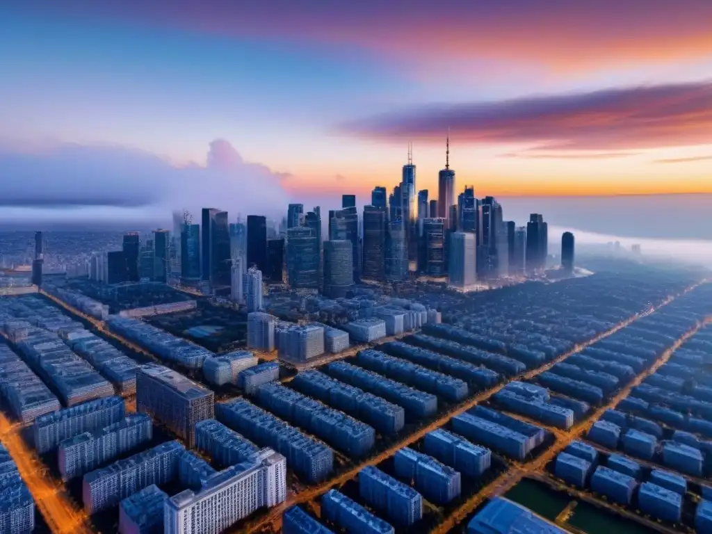 Horizonte urbano al atardecer: fusión de historia y modernidad El cálido resplandor del atardecer ilumina el horizonte de la ciudad, fusionando historia y modernidad