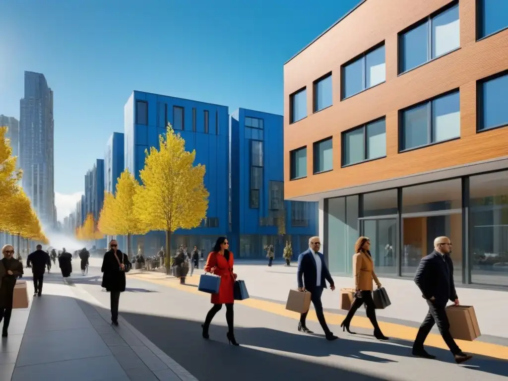 Vibrante renovación urbana: modernos edificios y trasiego de inquilinos Una calle de la ciudad bulliciosa con edificios de apartamentos modernos y coloridos refleja la vibrante renovación urbana