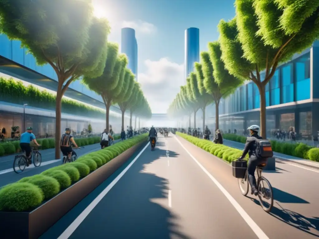 Metropolis sostenible del futuro: edificios verdes y movilidad eco Una calle de la ciudad bulliciosa con edificios verdes futuristas y movilidad verde en un mercado de bienes raíces sostenible