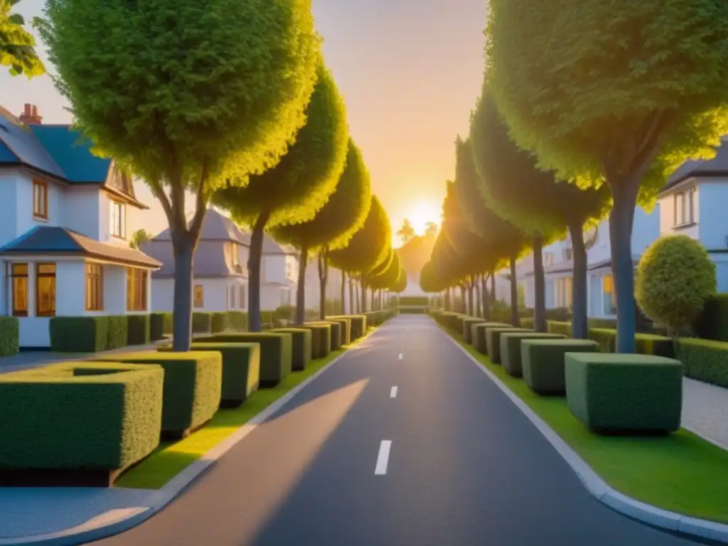 Tranquila calle residencial al atardecer dorado Una calle residencial tranquila con beneficios de zonas bajo tráfico al atardecer dorado
