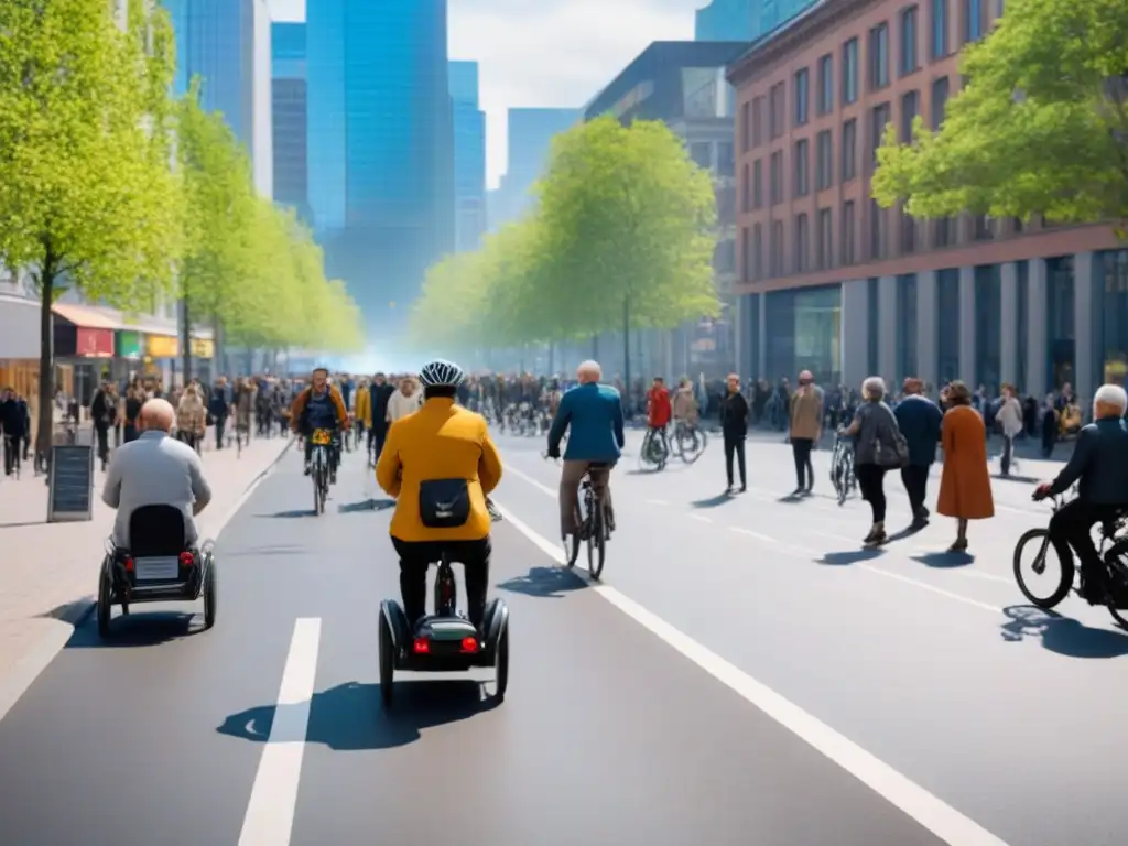 Inclusión urbana: diversidad y accesibilidad en acción Una calle urbana bulliciosa con diversidad de personas participando en actividades, mostrando un entorno inclusivo y accesible