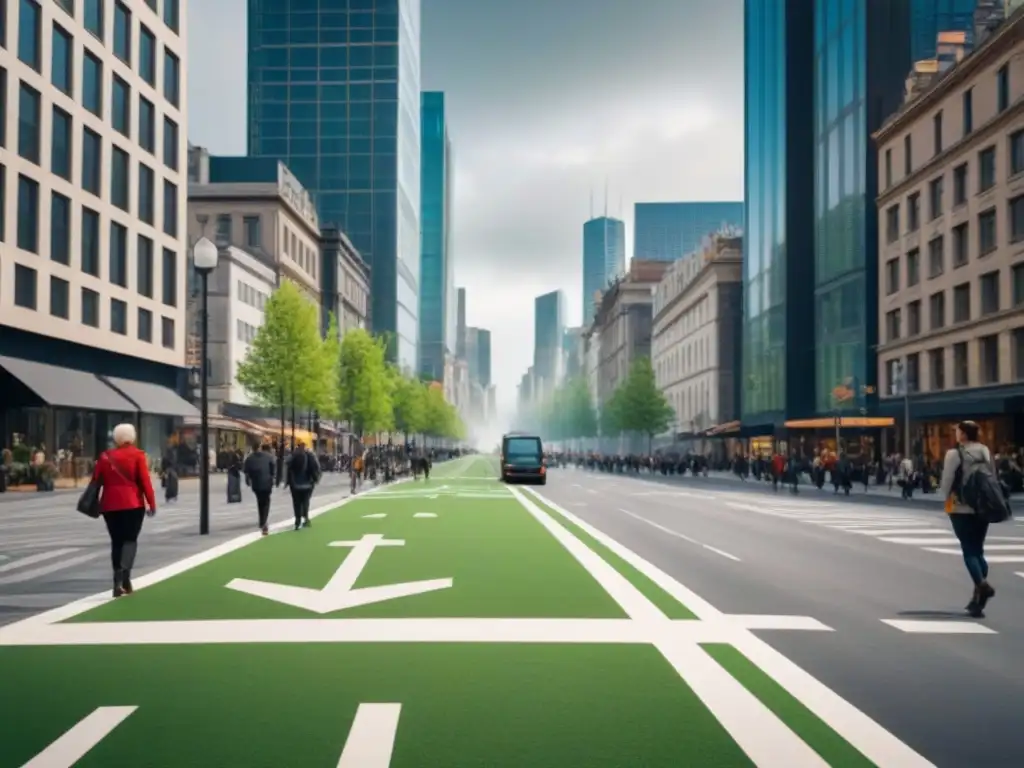 Cityscape inclusivo y tecnológico: calles accesibles y vibrantes Una calle urbana vibrante con accesibilidad en planificación urbana, tiendas diversas y tecnología inteligente